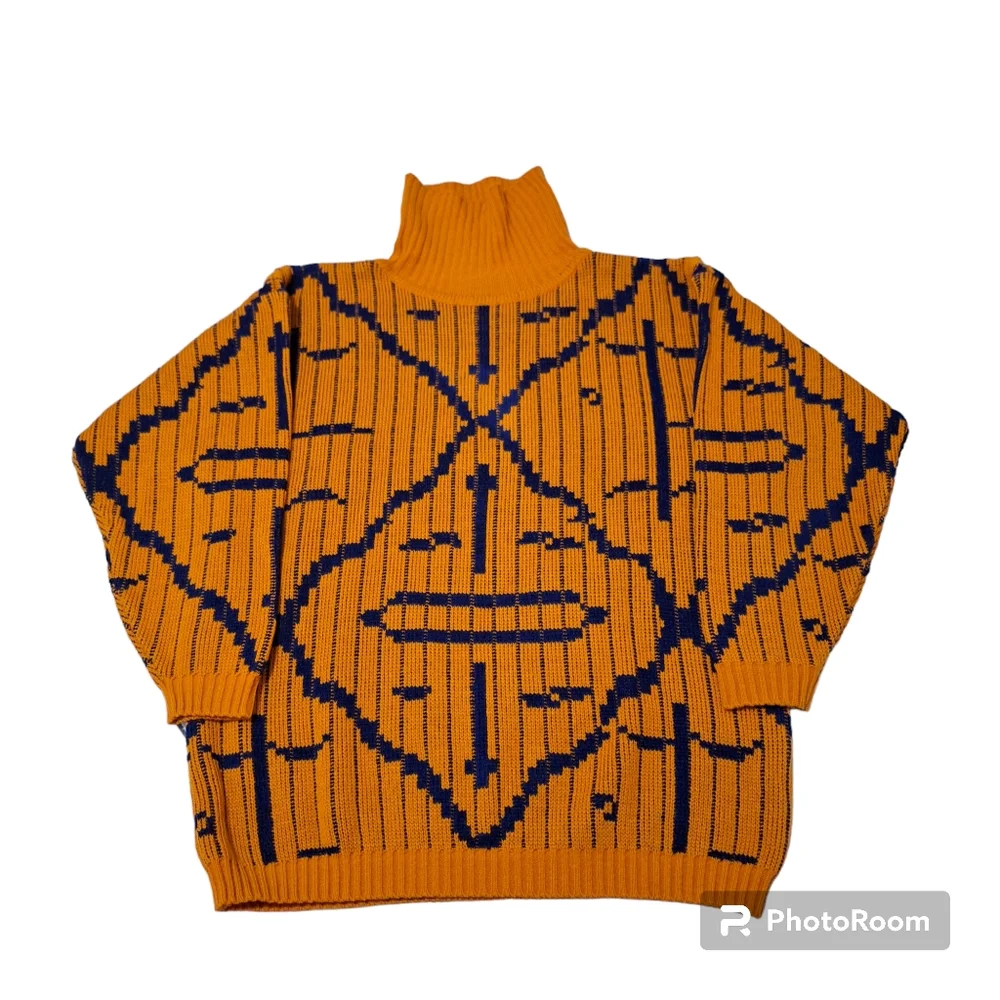VTG LeRoy Knitwear Abstract Modernist 70s Sweater Sz L Orange & Blue - Picture 1 of 6